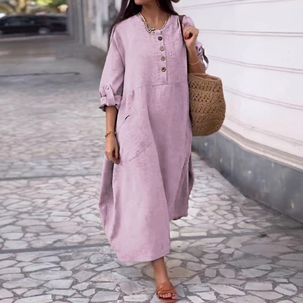 Women's Solid Color Round Neck Cotton And Linen Long Sleeve Casual Double Side Pocket Button Length Dress