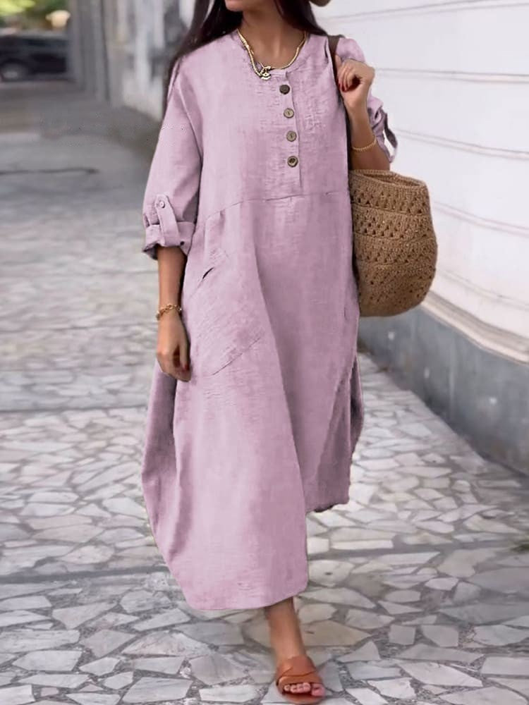 Women's Solid Color Round Neck Cotton And Linen Long Sleeve Casual Double Side Pocket Button Length Dress