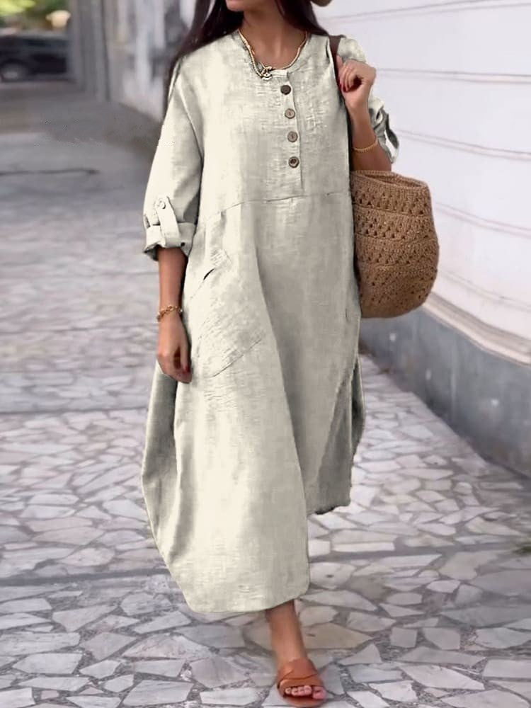 Women's Solid Color Round Neck Cotton And Linen Long Sleeve Casual Double Side Pocket Button Length Dress