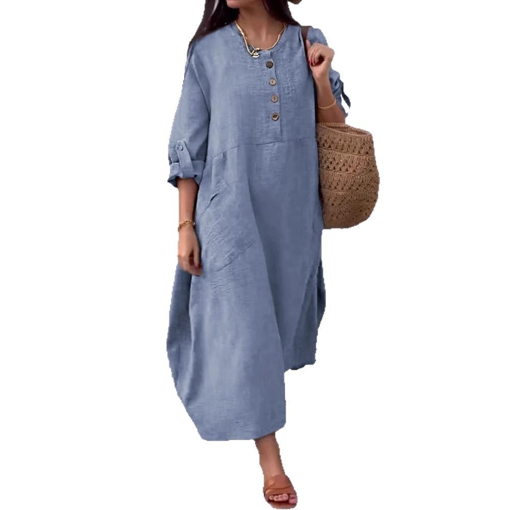 Women's Solid Color Round Neck Cotton And Linen Long Sleeve Casual Double Side Pocket Button Length Dress