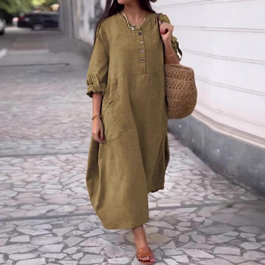 Women's Solid Color Round Neck Cotton And Linen Long Sleeve Casual Double Side Pocket Button Length Dress