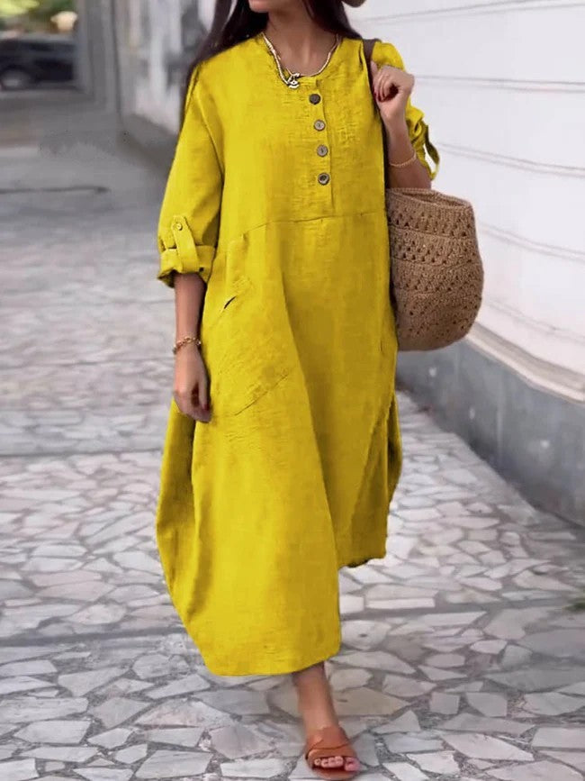 Women's Solid Color Round Neck Cotton And Linen Long Sleeve Casual Double Side Pocket Button Length Dress