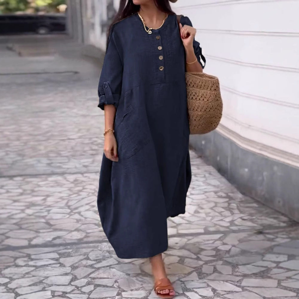 Women's Solid Color Round Neck Cotton And Linen Long Sleeve Casual Double Side Pocket Button Length Dress