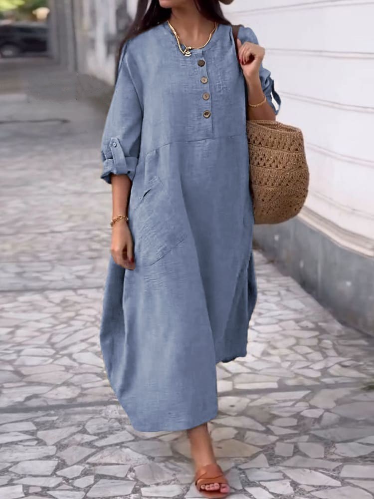 Women's Solid Color Round Neck Cotton And Linen Long Sleeve Casual Double Side Pocket Button Length Dress