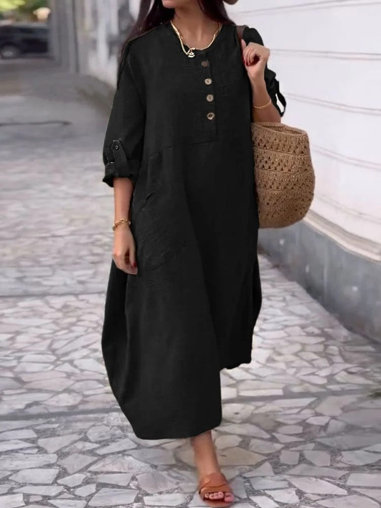 Women's Solid Color Round Neck Cotton And Linen Long Sleeve Casual Double Side Pocket Button Length Dress