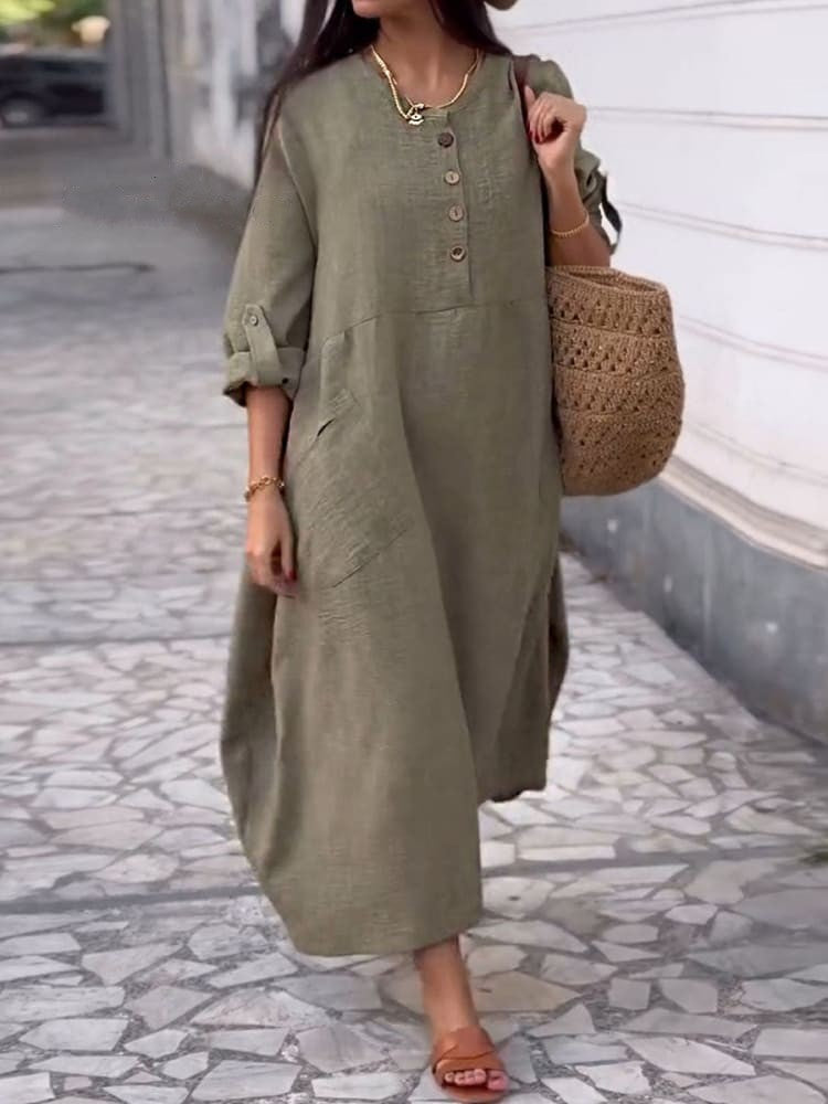 Women's Solid Color Round Neck Cotton And Linen Long Sleeve Casual Double Side Pocket Button Length Dress